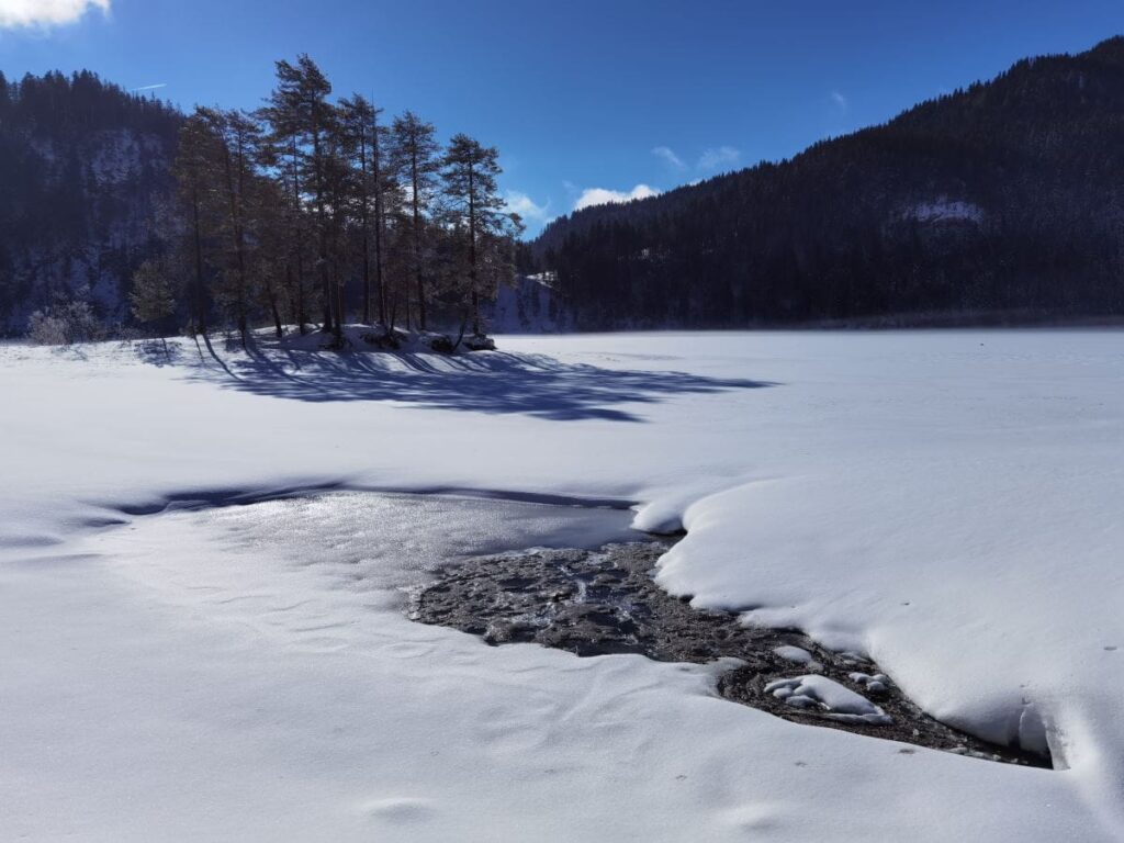 Blick über den Hintersteiner See - auf die Insel, die im Winter nicht als solche zu erkennen ist